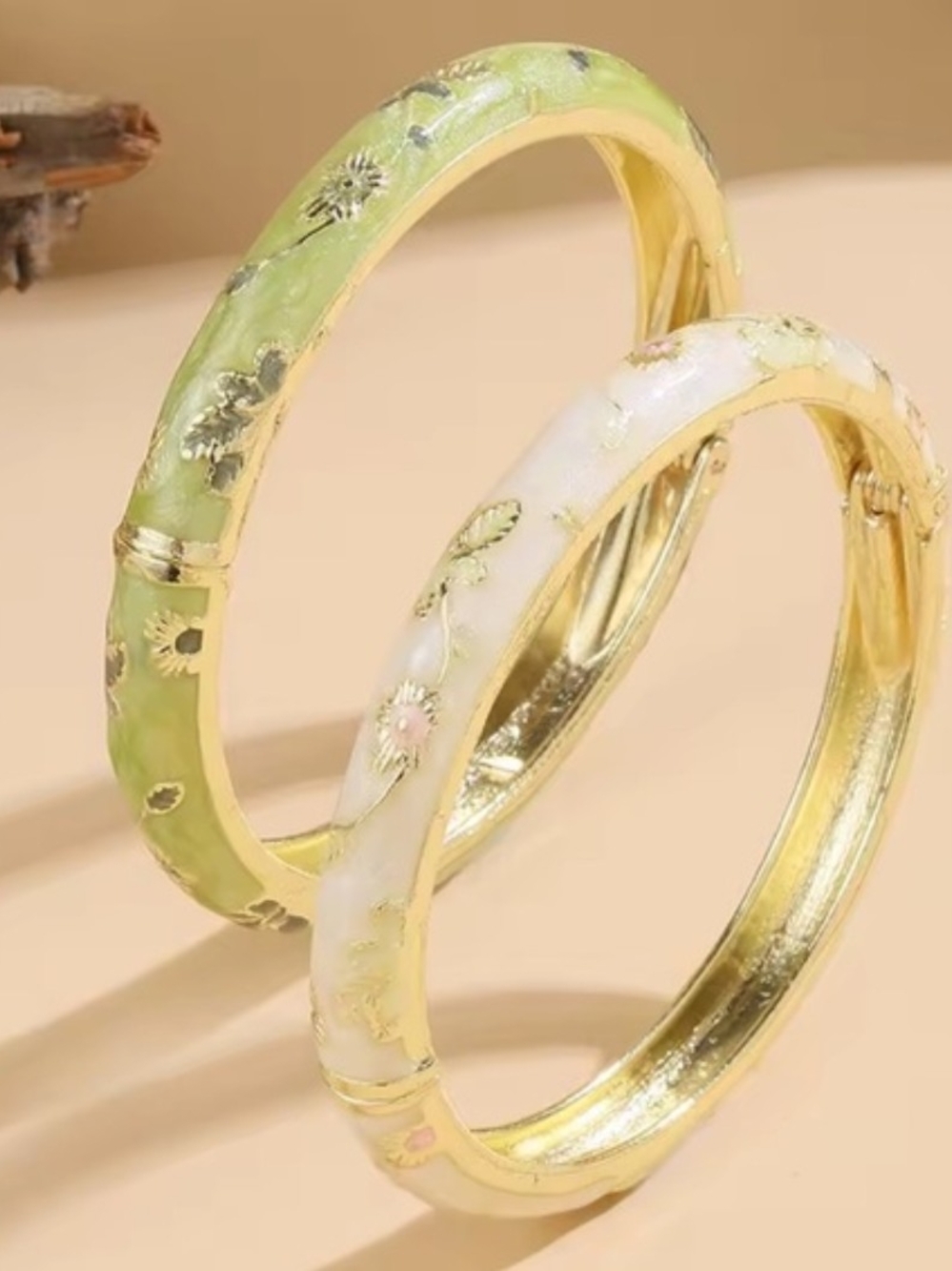 Floral Enamel Bangle Set in Cream and Light Green - Picture 5 of 12